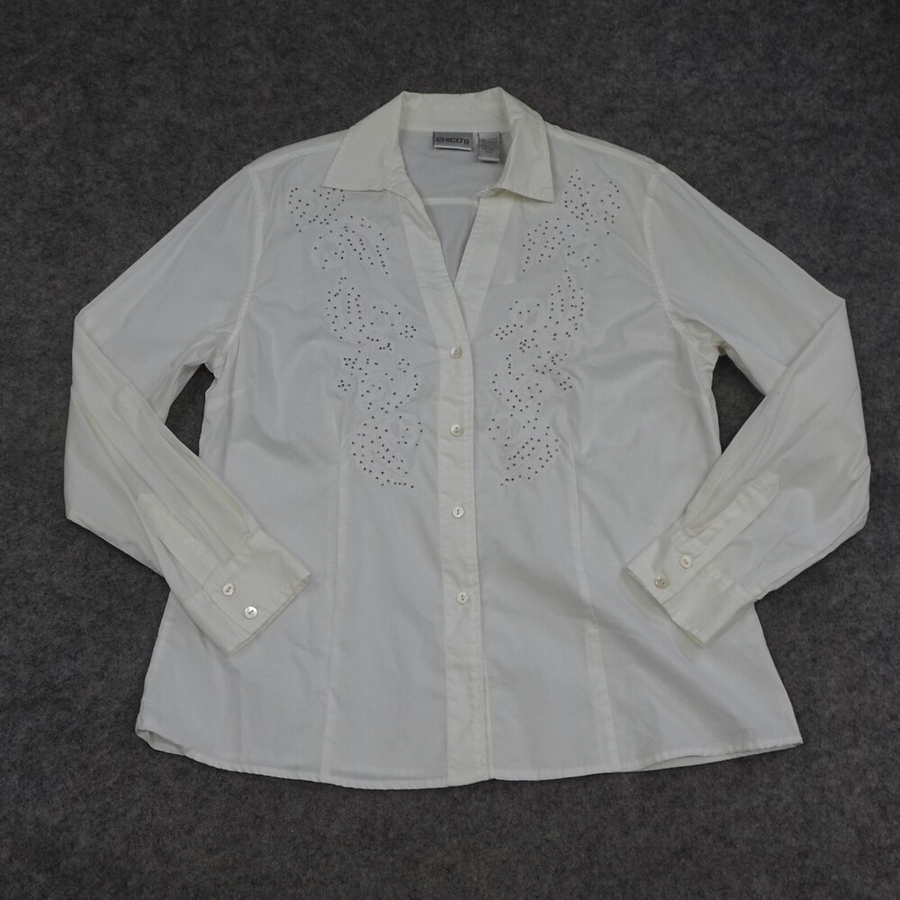 Chicos Shirt Womens 2 Regular Large L White Button Up Embroidered Beaded